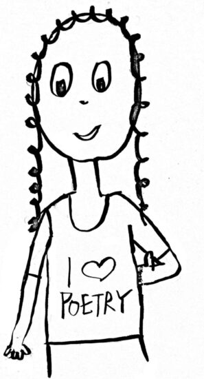 cartoon of a woman wearing a t-shirt that says "I heart poetry" and giving the thumbs up