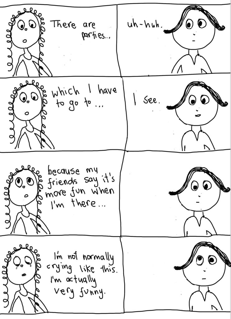 Cartoon of a girl seeing a therapist and realizing that she can say no to going to parties