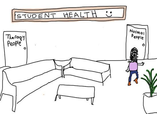 Cartoon of student at student health going through the door that says "normal people"