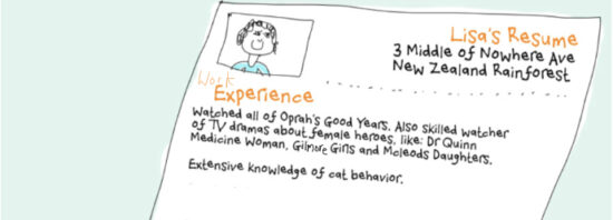 a cartoon of a resume with work experience including watching TV and knowing a lot about cats